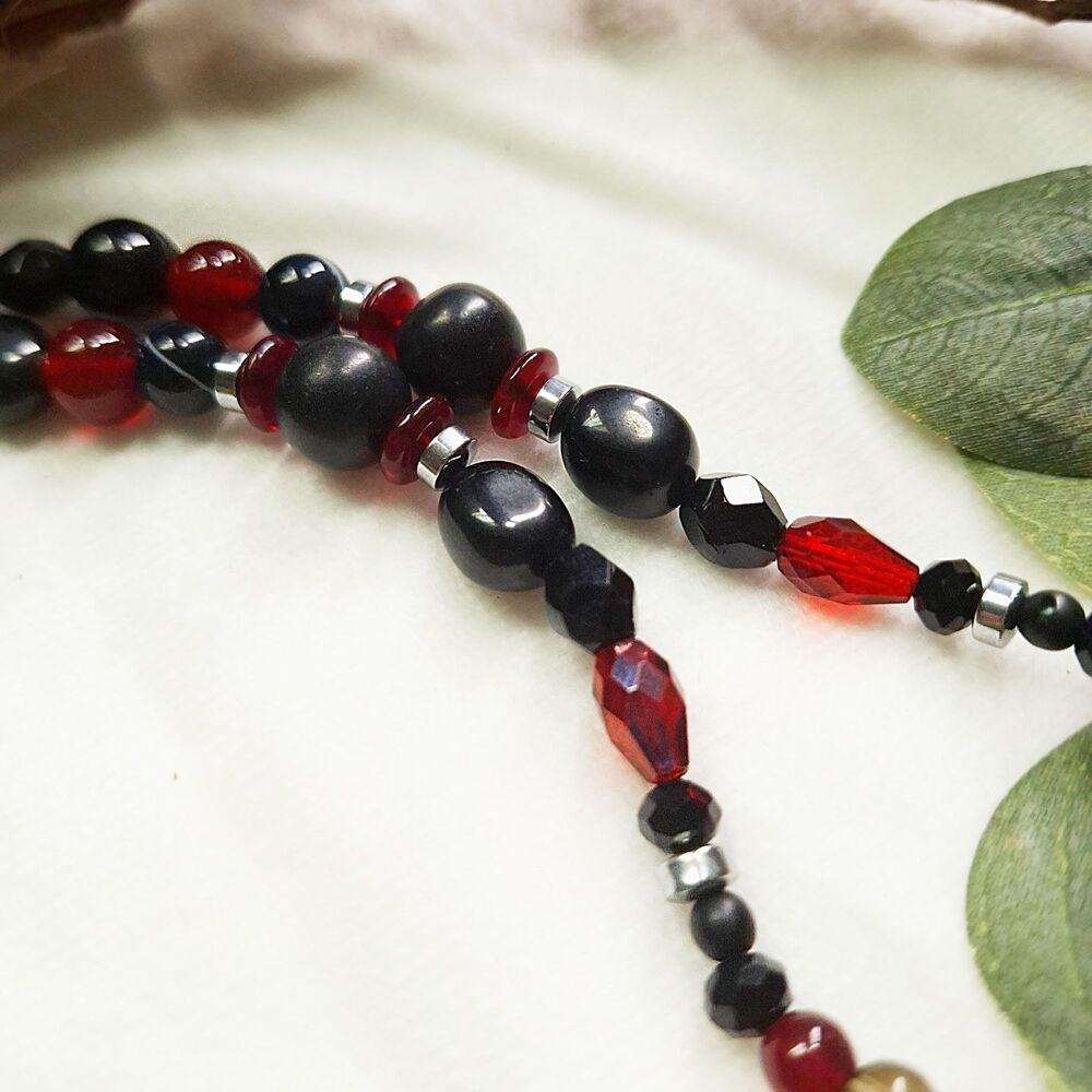 Whimsigoth Spiderweb Agate Choker Necklace, Black Onyx, Jasper, & Ruby Red Glass - Picture 10 of 12